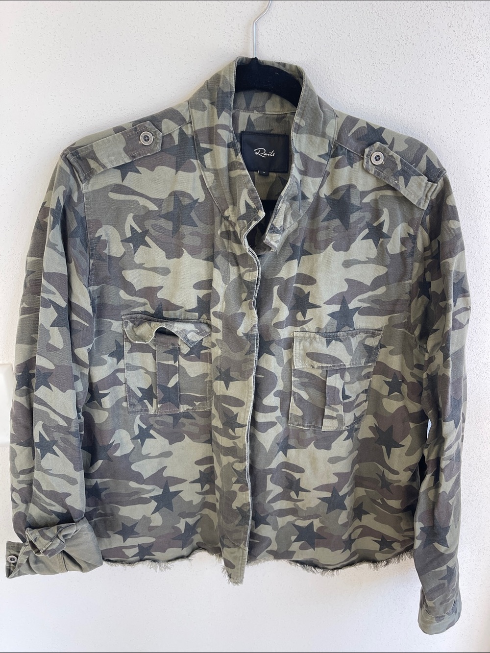 Olive Green Camo Military Jacket rails